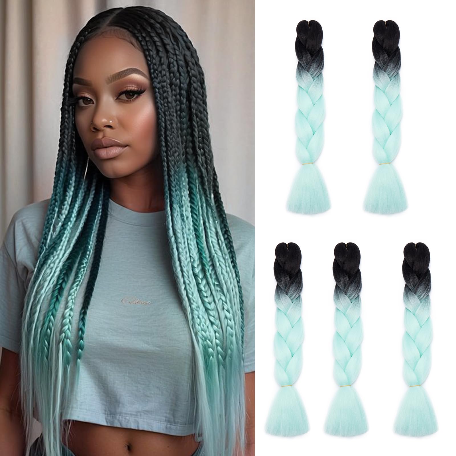 24inch 5PCS Braiding Hair Extensions Jambo Braids Ombre Hair Crochet Twist Braids Hairpieces Synthetic - Black-Light Green โ image 1