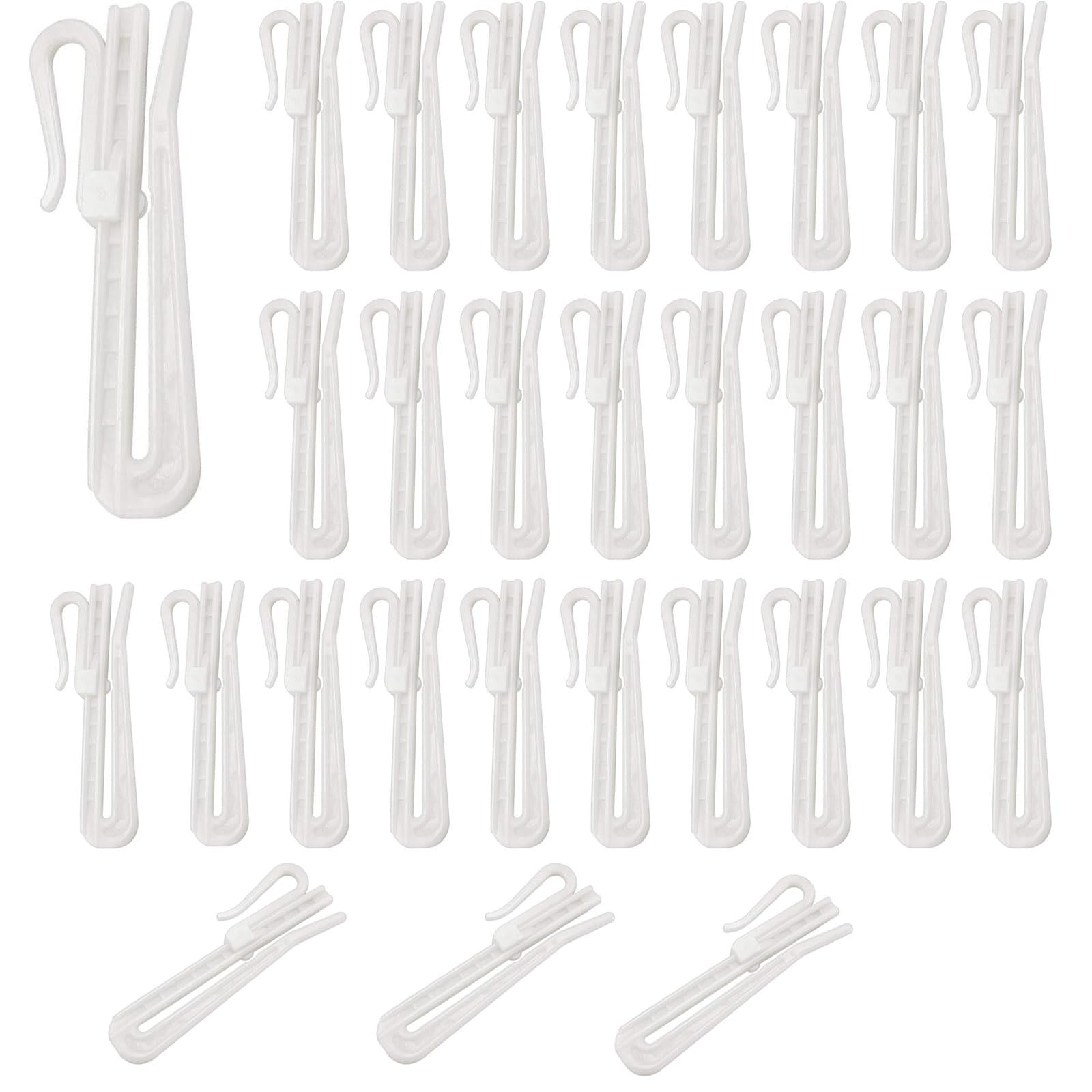 TA-VIGOR 30Pcs Curtain Hooks Adjustable, Plastic Lift Curtain Tape Hooks Depth Pinch Pleat Hooks for Locking Door Shower Window Curtains Header Clip Hooks, White