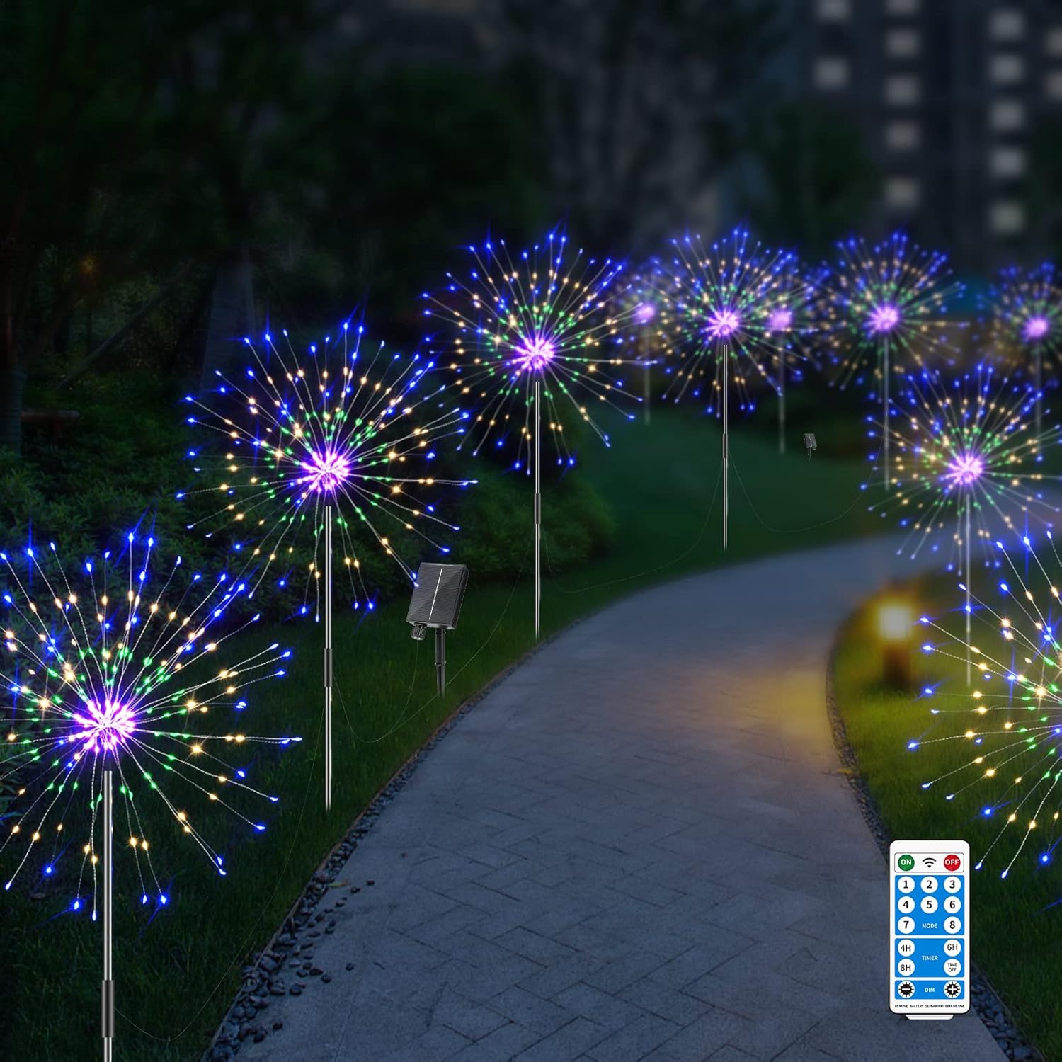 Lighting - 6 Pack Solar Firework Lights,720 LED Outdoor Garden Lights USB Charging, 8 Lighting Modes with Remote Control Waterproof, 4 Brightness DIY Firefly Lamp for Path Christmas Party Yard (Colorful)