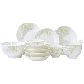 50 Pcs Fine Bone China Dinnerware Set,Porcelain&amp;Ceramic Dinnerware Sets,Bone Stoneware&amp;Ceramic Cookware Tableware Set Includes Dinner Plates|Spoons|Pasta Bowls|Soup Pot|Chopsticks
