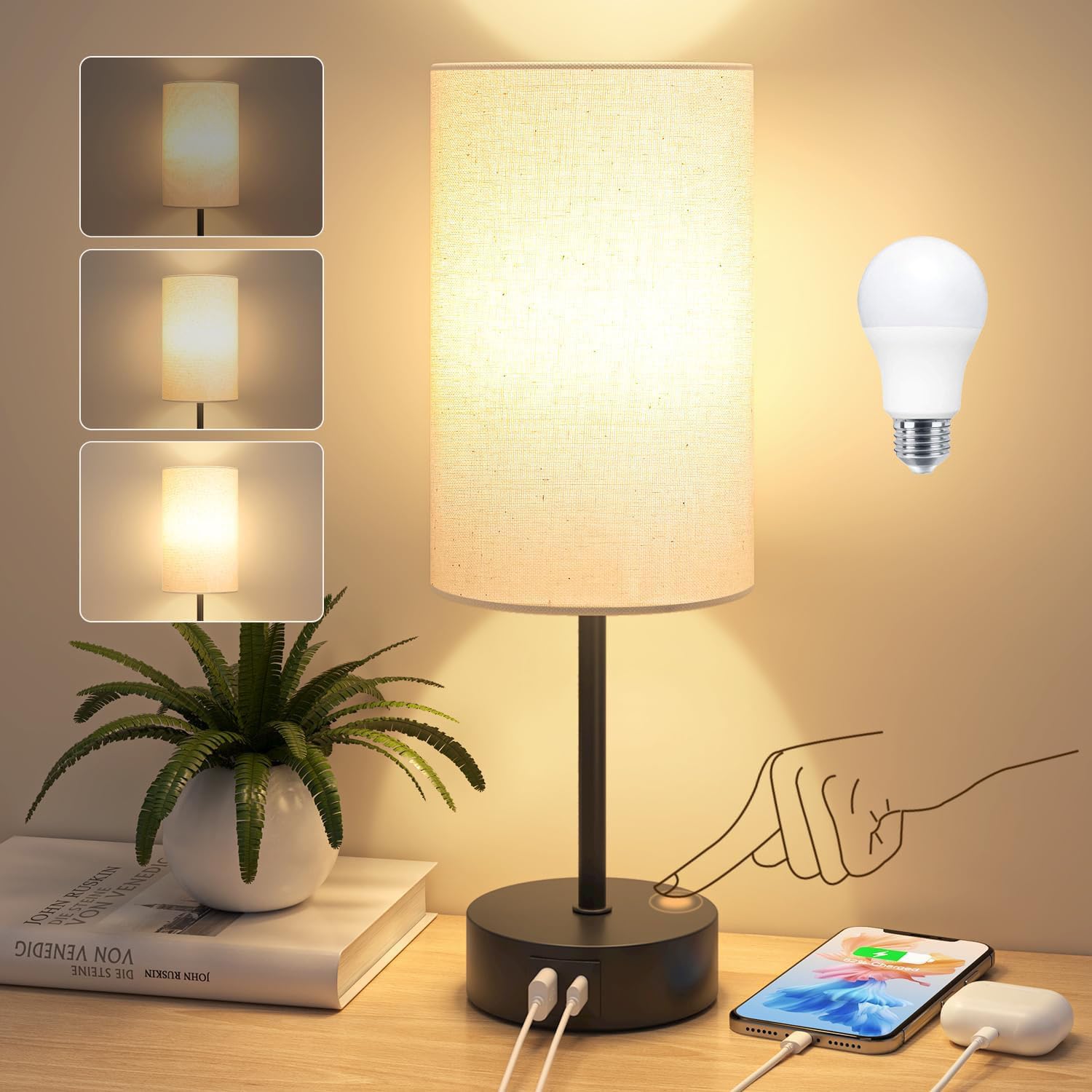 STANBOW Bedside Lamps, Touch Lamps Bedside with USB A+C Charging Ports, 3-Way Dimmable LED, Table Lamps for Living Room Bedroom Gift with Blue Shade-Wood Base (LED Bulb Included) (Beige)