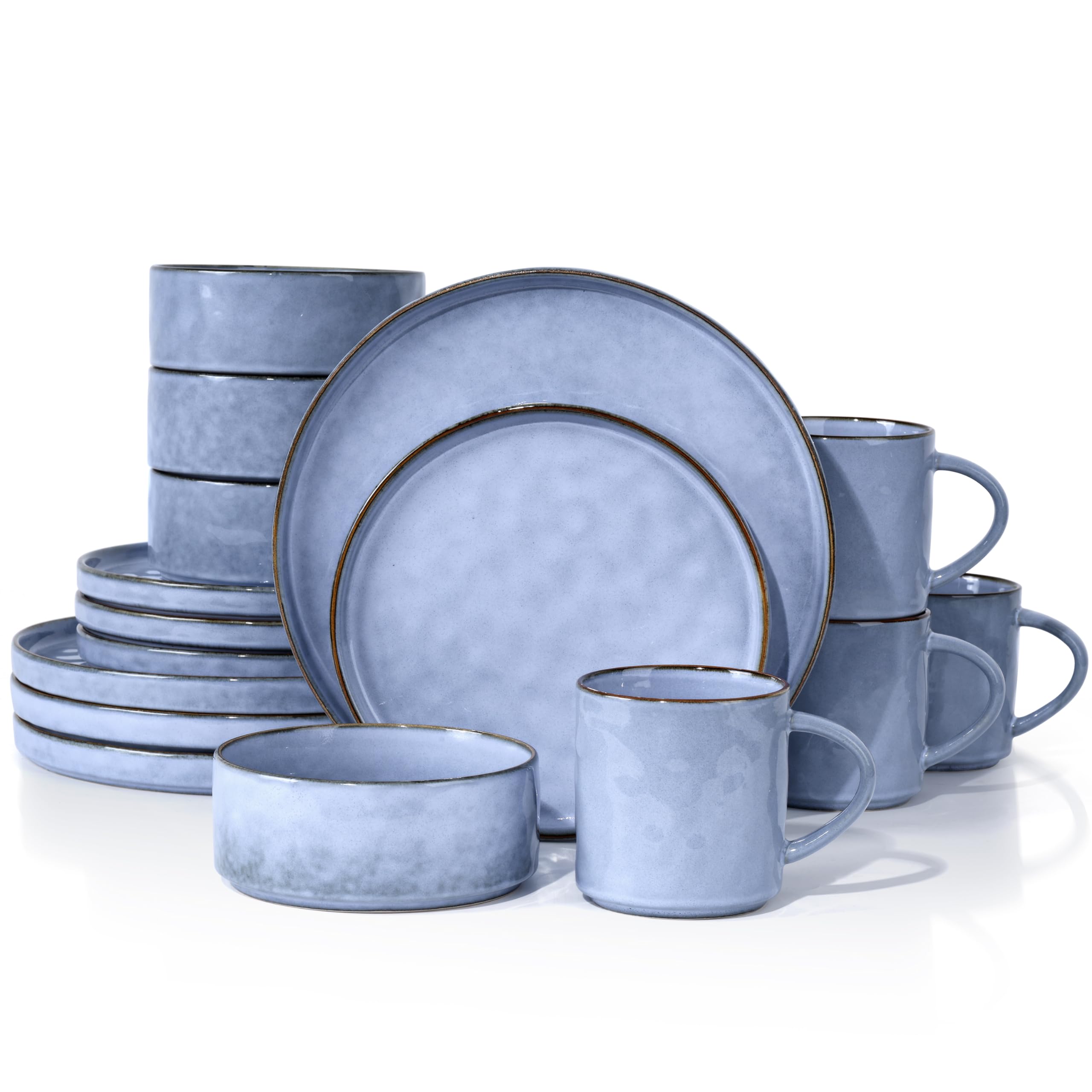 Photo 1 of HaWare Dinnerware Sets, 16-Piece Stoneware Plates and Bowls Set, Elegant Ceramic Dish Set for 4, Chip and Scratch Resistant, Microwave and Dishwasher Safe, Reactive Blue