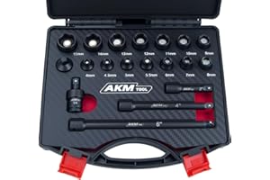 AKM TOOL 1/4 Inch Drive Magnetic Impact Socket Set, 19-Piece Metric, 4mm-15mm, 6 Point, Cr-Mo, Square Drive, Magnetic Socket with Adapter, Universal Joint & Extension