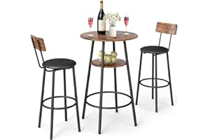 Ceecysaa 3-Piece Round Bar Table Set with Storage, Modern Counter-Height Dining Table for 2, Thickened Cushioned Stools & Bac