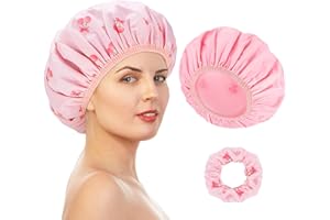 PENGXIAOMEI Double-Sided Shower Cap for Women, Pink Valentines Day Gifts 2 in 1 Reusable Waterproof Cherry Print Bath Cap for Women Girls Long Thick Hair