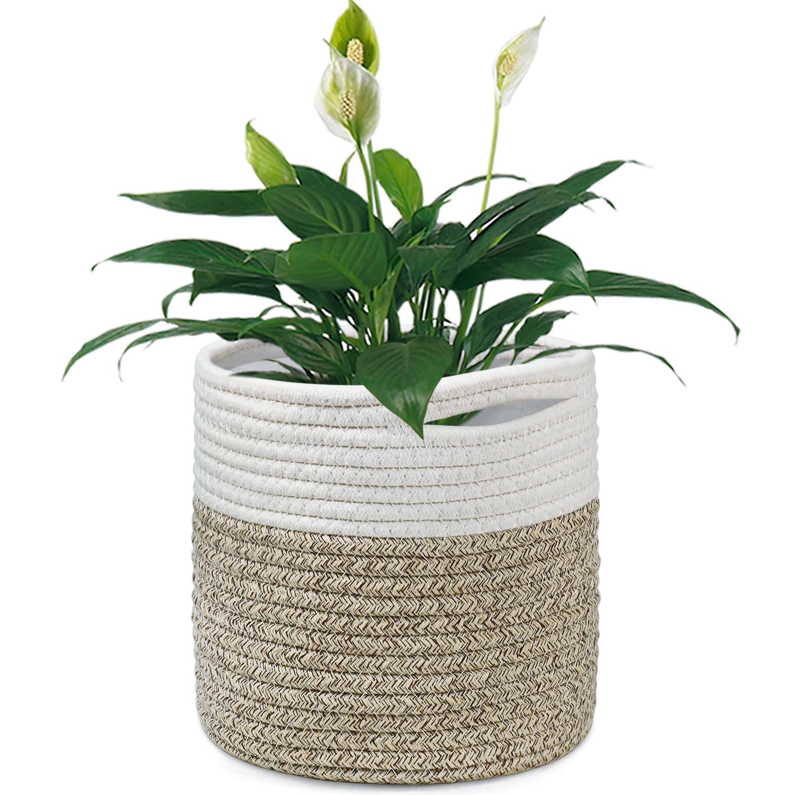 tenn well 20cm Plant Pot with Liner, Cotton Indoor Planter Woven Storage Basket for Indoor Plants Flower Pot and Home Decoration (White and Khaki)
