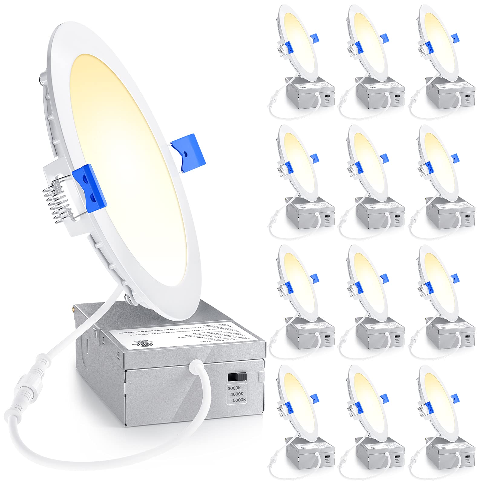 Ensenior 12 Pack 6 Inch LED Recessed Light, Dimmable, 3000K-5000K 3CCT, 1200LM High Brightness, 12W 120V, 3 Pin, ERL-12X-ETL, Damp Rated, Ultra-Thin Canless Wafer Ceiling Light - ETL & FCC & IC Image
