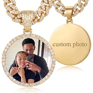 Custom Picture Circle Pendant Necklace, Personalized Photo Engraved Memorial Pendant,Round/Heart/Angel Wings Rhinestone Bezel