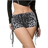 RoseSeek Women's Lace Up Rhinestone Leopard Shorts Elastic Low Waist Y2K Bodycon Mini Shorts Clubwear