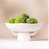 Luxurious White Textured Ceramic Bowl and Greenery Set,12.5x10.5 Inch Pedestal Decorative Bowl, with 6 Green Succulent Moss B