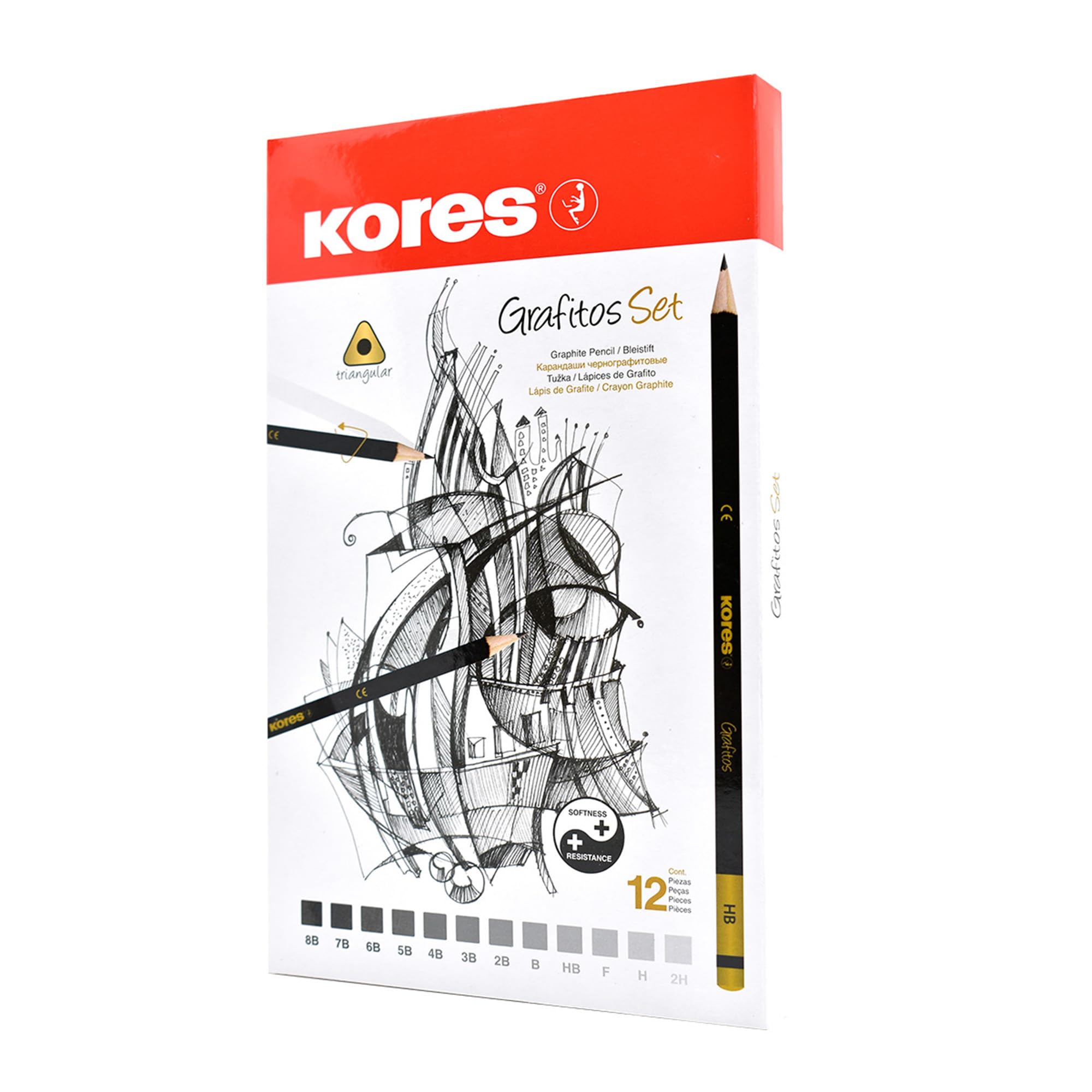 Kores - Graphite Pencils Set with End Dipped - Grafitos in Different Grades, Soft, Triangular - Back to School, HB Pencils, Pencil Set, Art Supplies, Office Supplies - Metal Box of 12