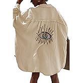 XPONNI Long Sleeve Linen Button Down Shirt Women Oversized Sequin Evil Eye Shirts Dress Beach Cover Ups Summer 2024
