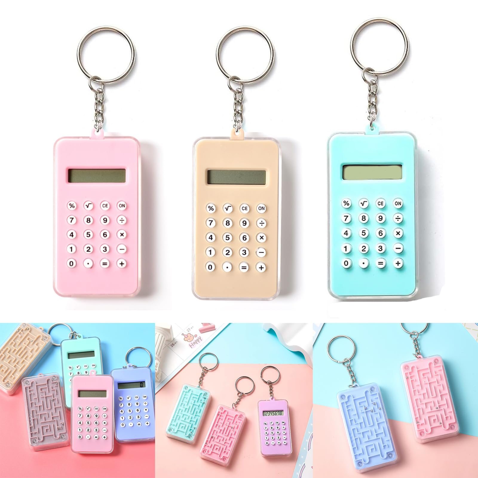 Dakexiong 3 Pack Mini Pocket Calculators, Cute Maze Keychain Calculators, 8 Digit Display, Small Basic Fully Functional, Random Color