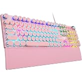 AULA F2088 Typewriter Style Mechanical Gaming Keyboard Wired, 104 Keys | Pink Retro Wired Gaming Keyboard with Blue Switches, Rainbow Backlit, Round Keycaps, Media Knob &amp; Removable Wrist Rest
