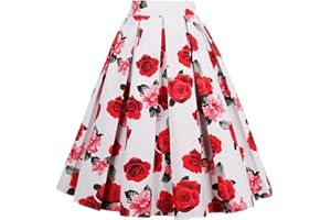 Dressever Women's Vintage A-line Printed Pleated Flared Midi Skirts