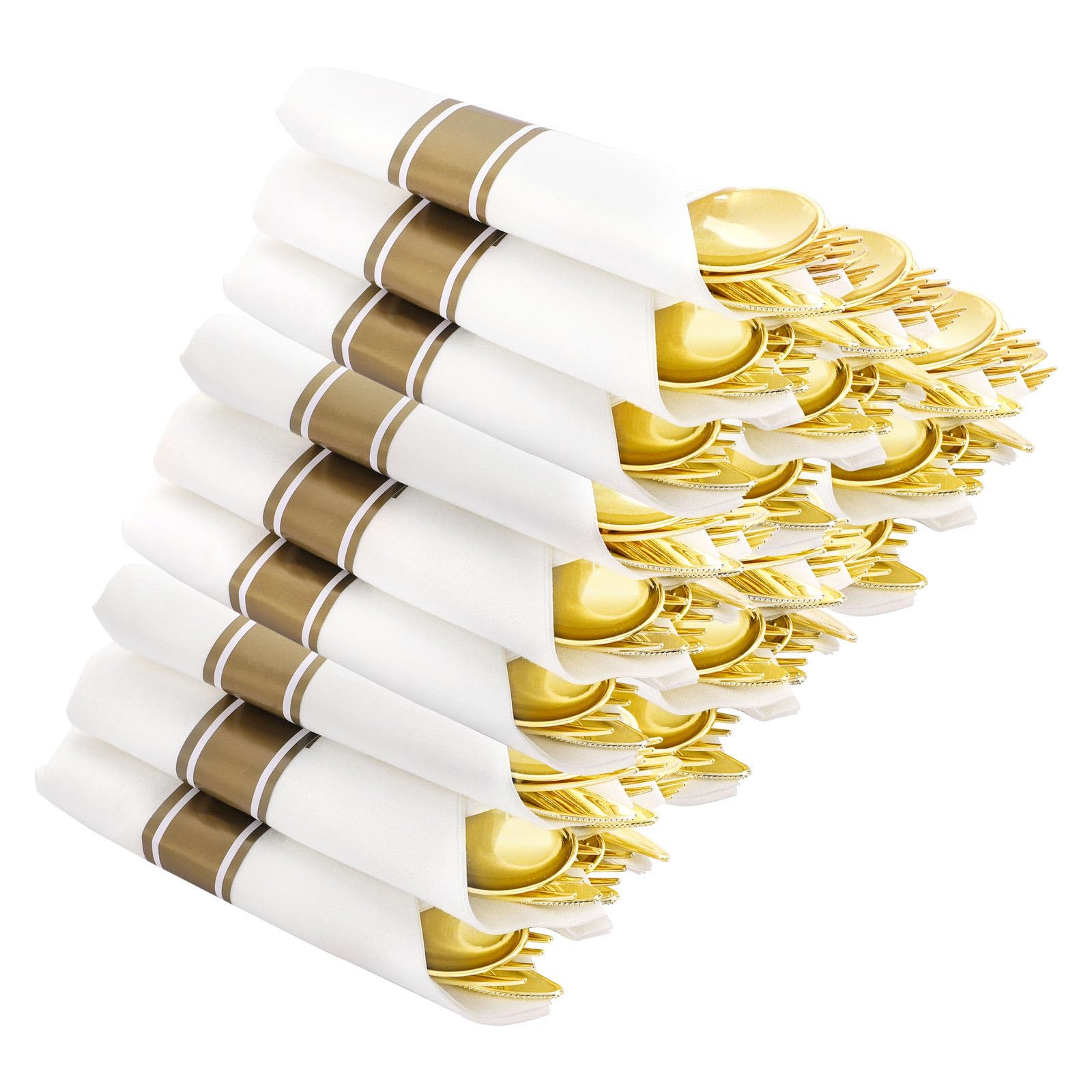 Photo 1 of Supernal Set of 60 Rolled Gold Plastic Silverware,Pre Wrapped Hammed Silverware Disposable,Plastic Cutlery for Parties,Disposable Utensils Heavy Duty include Linen Napkins For Party Weddings Birhday