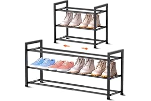 Bumusty 3-Tier Expandable Shoe Rack for Closet, 18“-33” Adjustable Shoe Rack for Small Space, Small Shoe Organizer for Front 