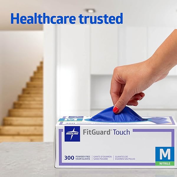 MEDLINE FITGUARD TOUCH NITRILE EXAM GLOVES, 300 COUNT, MEDIUM, POWDER FREE, DISPOSABLE, NOT MADE WITH NATURAL RUBBER LATEX, EXCELLENT SENSE OF TOUCH FOR MEDICAL TASKS, DURABLE FOR HOUSEHOLD CHORES