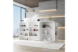 ECACAD Large L-Shaped Reception Desk with 3 Drawers, 15 Open Shelves, Counter Top & Monitor Stand, Office Desk Reception Counter Table with File Cabinet, White (70.9”L x 47.2”D x 39.43”H)