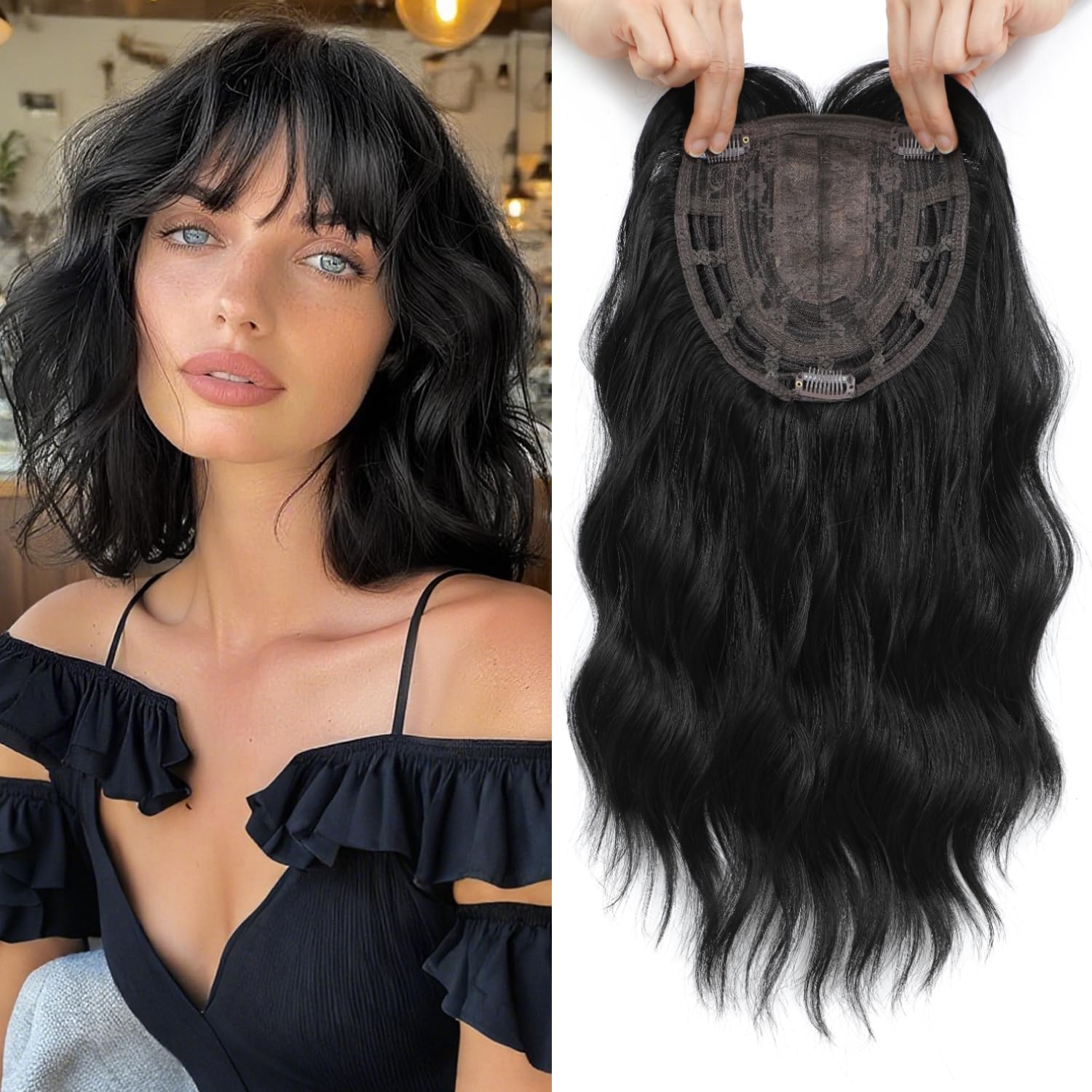 Nexyshe Hair Topper 14 Inch Wavy Hair Toppers Black Gluless Wig for Women 6.5''X6.5'' Big Base Hair Piece for Thinninghair