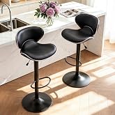 PU Leather Adjustable Swivel Bar Stools Set of 2, Black, Matte Black Base | Airlift Height Adjust, Smooth Swivel, Easy-Clean PU Leather Seat, Comfort Back Support, Footrest Comfort, Kitchen &amp; Bar Use
