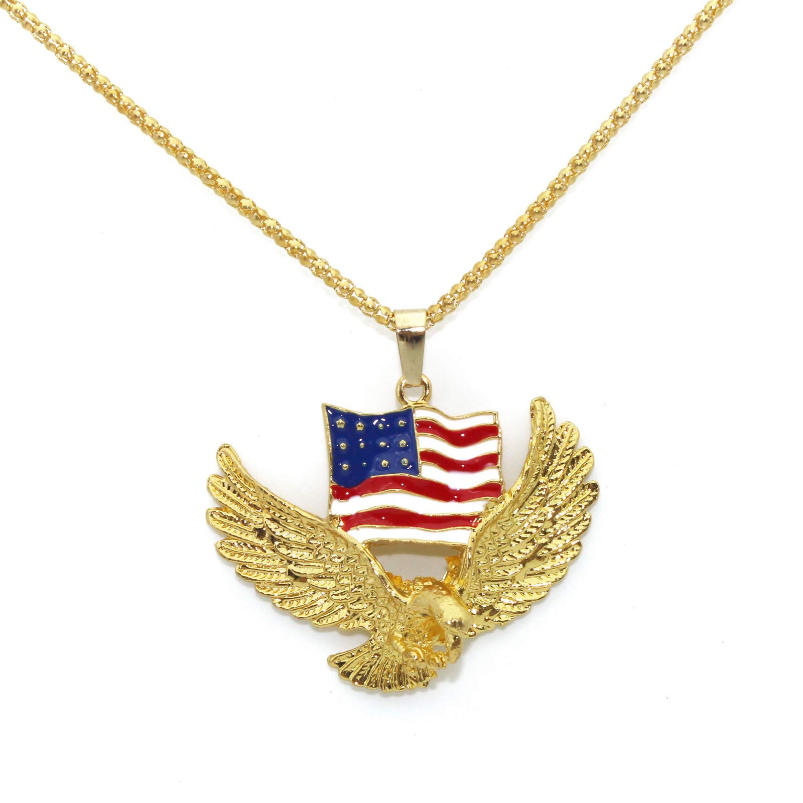 Flying Bald Eagle Pendant Necklace for Men, American Flag Necklace with 23.6” Chain, Vintage Hawk Eagle Pendant, Silver Metal Alloy Chain, Viking Animal Necklace Jewelry (Gold)