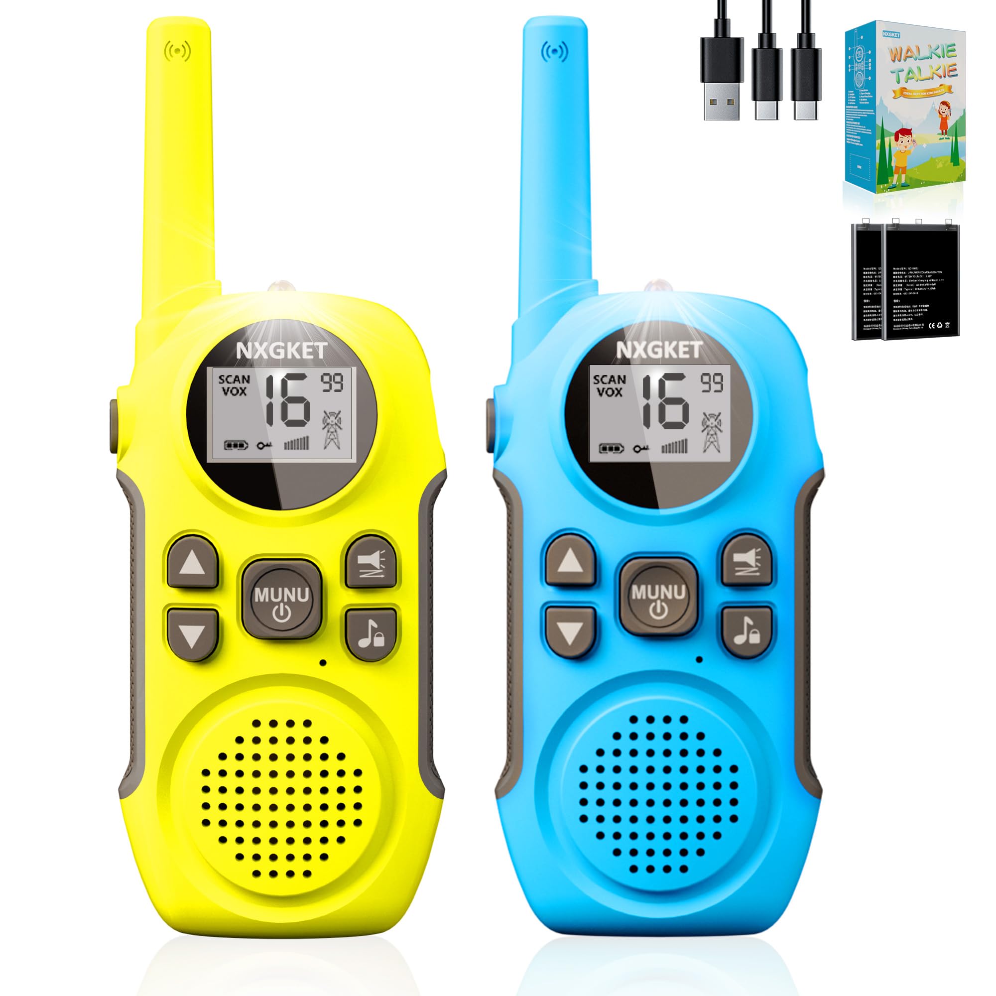 NXGKET Walkie Talkies for Kids Adults Long Range, 2 Pack Rechargeable Walky Talky with Built-In Li-Ion Battery,16 Channels Radio with USB Type-C Cable,VOX for Boys Girls Outdoor Camping Hiking