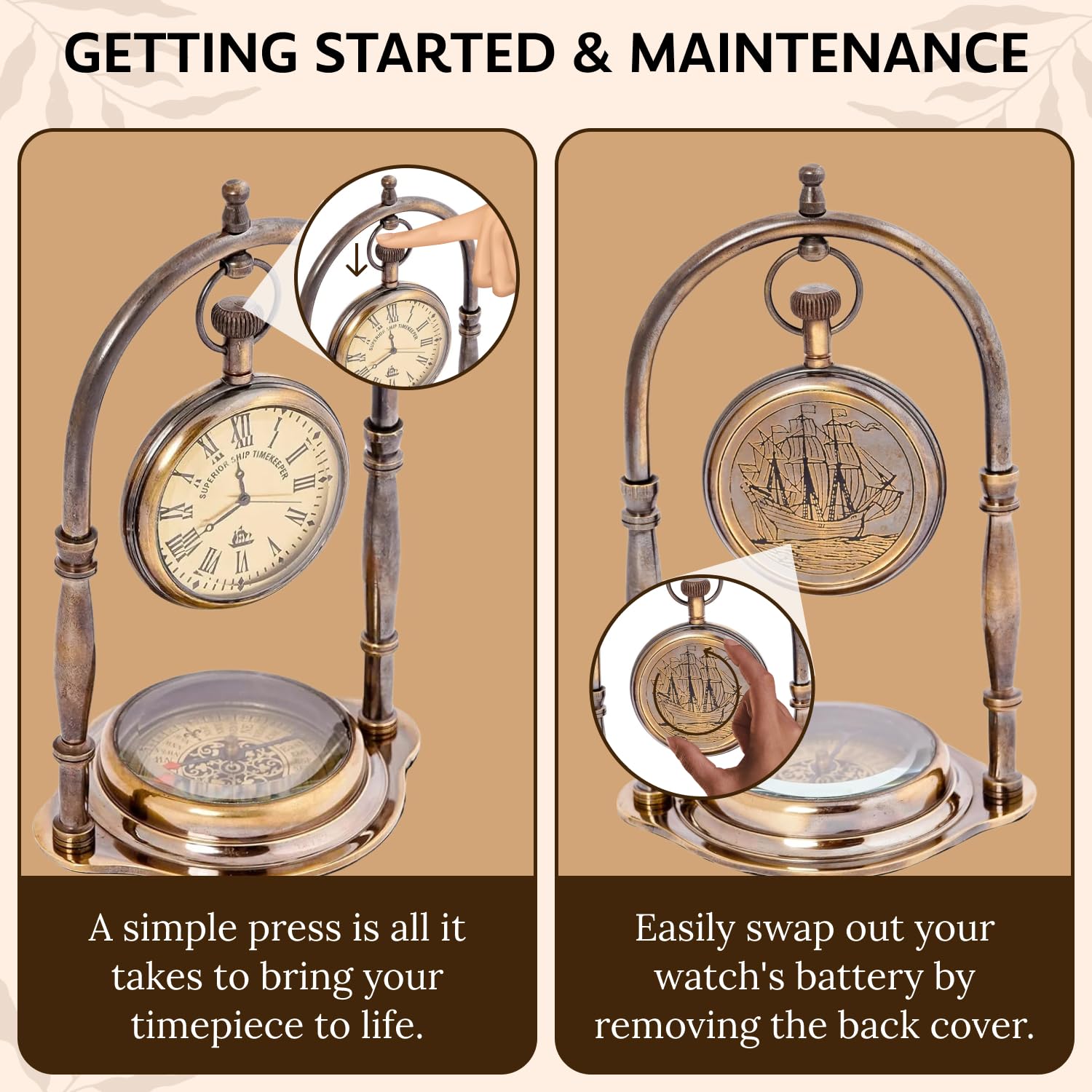 Antique Vintage Small Table Clock | Table Clock for Living Room | Vintage Nautical Design, Elegant Home or Office Décor | Desk Tables & Shelf Decor Clocks | Non Ticking Silent Shelf Clock