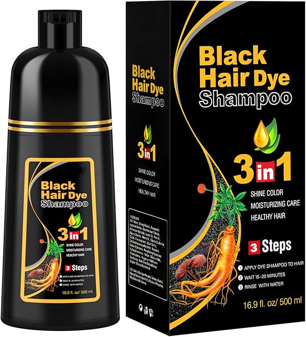 Schwarzes Haarfärbeshampoo für Graues Haar, Sofort Haarfarben Shampoo für Männer und Frauen, Black Hair Dye Shampoo 3 in 1,Hair Color, 500ml