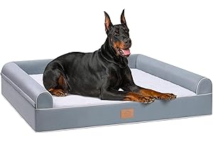 Sunheir Orthopedic Dog Bed for Extra Large Dogs Deluxe Plush & Faux Leather XXL Dog Bed for Big Dogs Washable Dog Couch with Waterproof Removable Cover, Zipper, Bolster, Egg-Crate Foam - Grey
