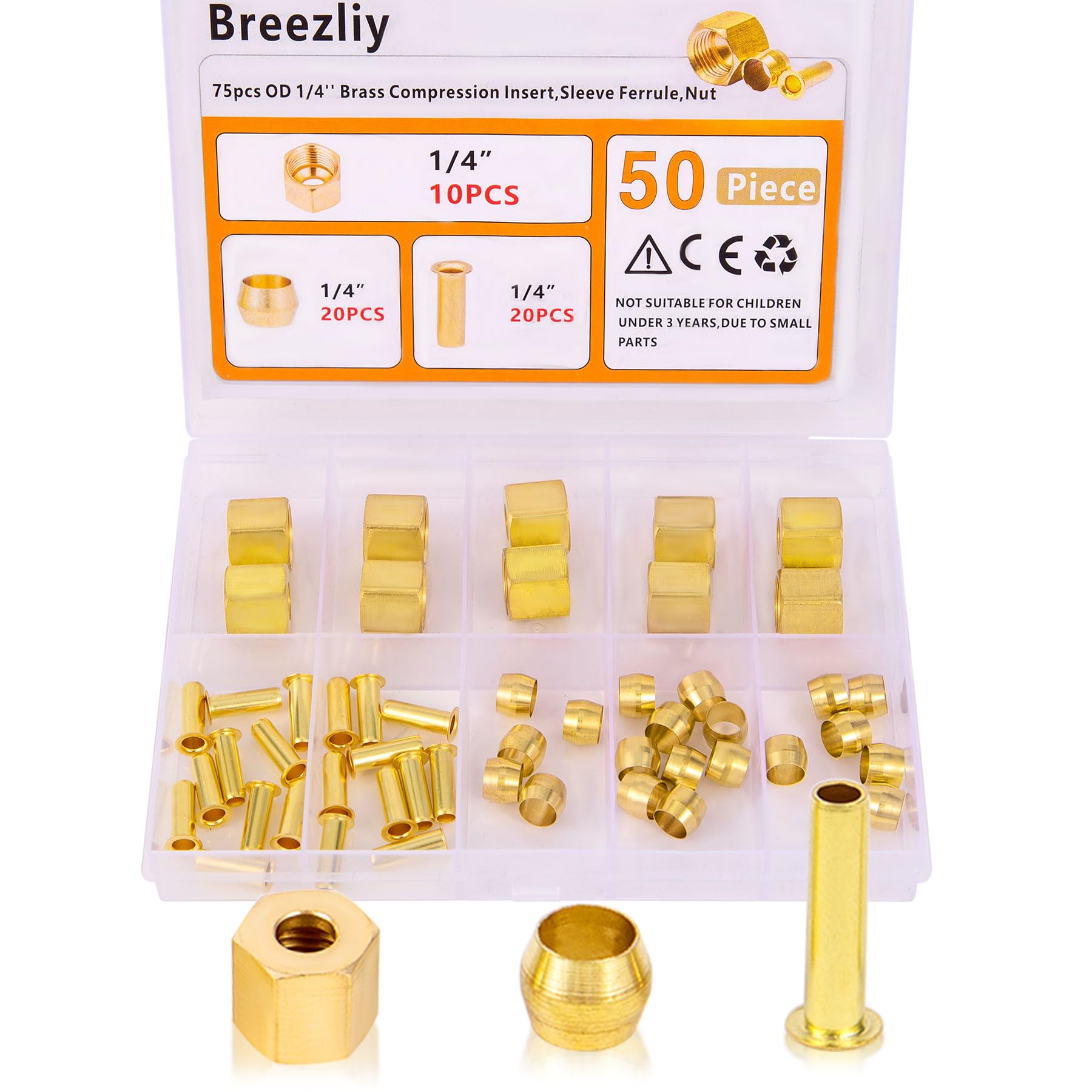 Photo 1 of Breezliy 1/4 Inch OD Brass Compression Insert,Sleeve Ferrule,Nut 50PCS