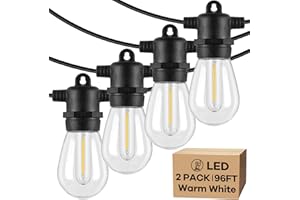 LAKUMU 2-Pack 96FT(48×2) Outdoor String Lights for Patio with Waterproof Shatterproof Dimmable 2700K E12 LED Filament Bulbs, Linkable Commercial Grade Black Hanging String Lights for Garden Porch Backyard