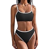 SUUKSESS Women High Waisted 2 Piece Bikini Set Cheeky High Cut Bandeau Swimsuit