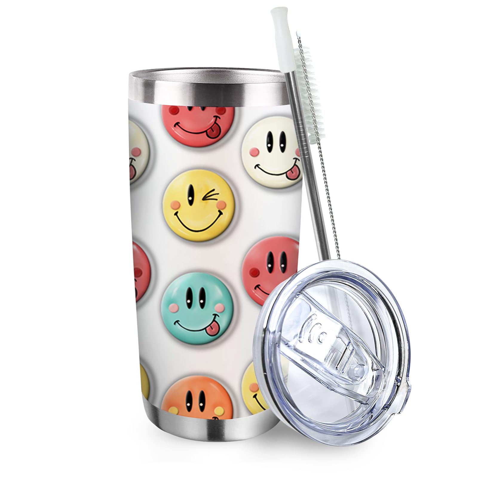 Photo 1 of Zzkol Smiley Faces Emoji Tumbler with Lid and Straw, Colorful Smiling Face Funny Stainless Steel Travel Coffee Cup, Cute Cartoon Birthday Gifts for Women, 20oz Double Wall Vacuum Insulated Mug