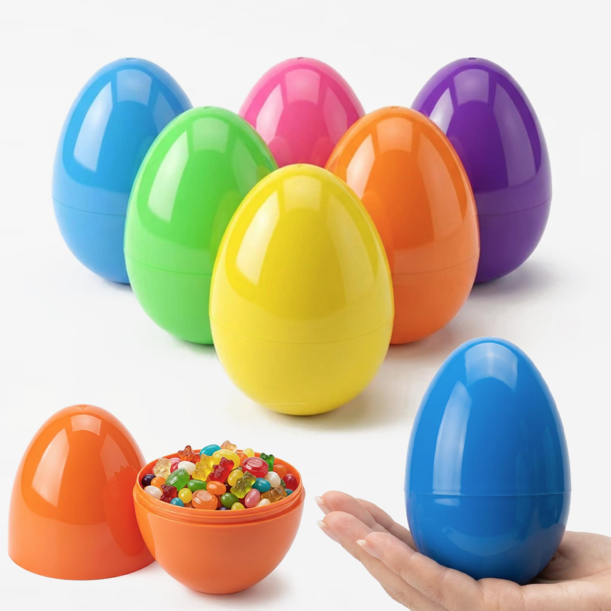 AquaHood Easter Eggs Decorations Plastic Large: 5 Inch 6 Pack Jumbo Fillable Colorful Bright Easter Egg Hunt Empty Bulk Assortment