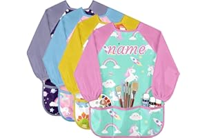 PFTPOW Personalized Kids Art Smock with Name, Long Sleeve Painting and Baking Apron with 3 Pokets, Christmas Gifts