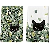Artoid Mode Green Leaves Wild Flowers Black Cat Spring Kitchen Towels Dish Towels, 18x26 Inch Farmhouse Plants Decoration Hand Towels Set of 2