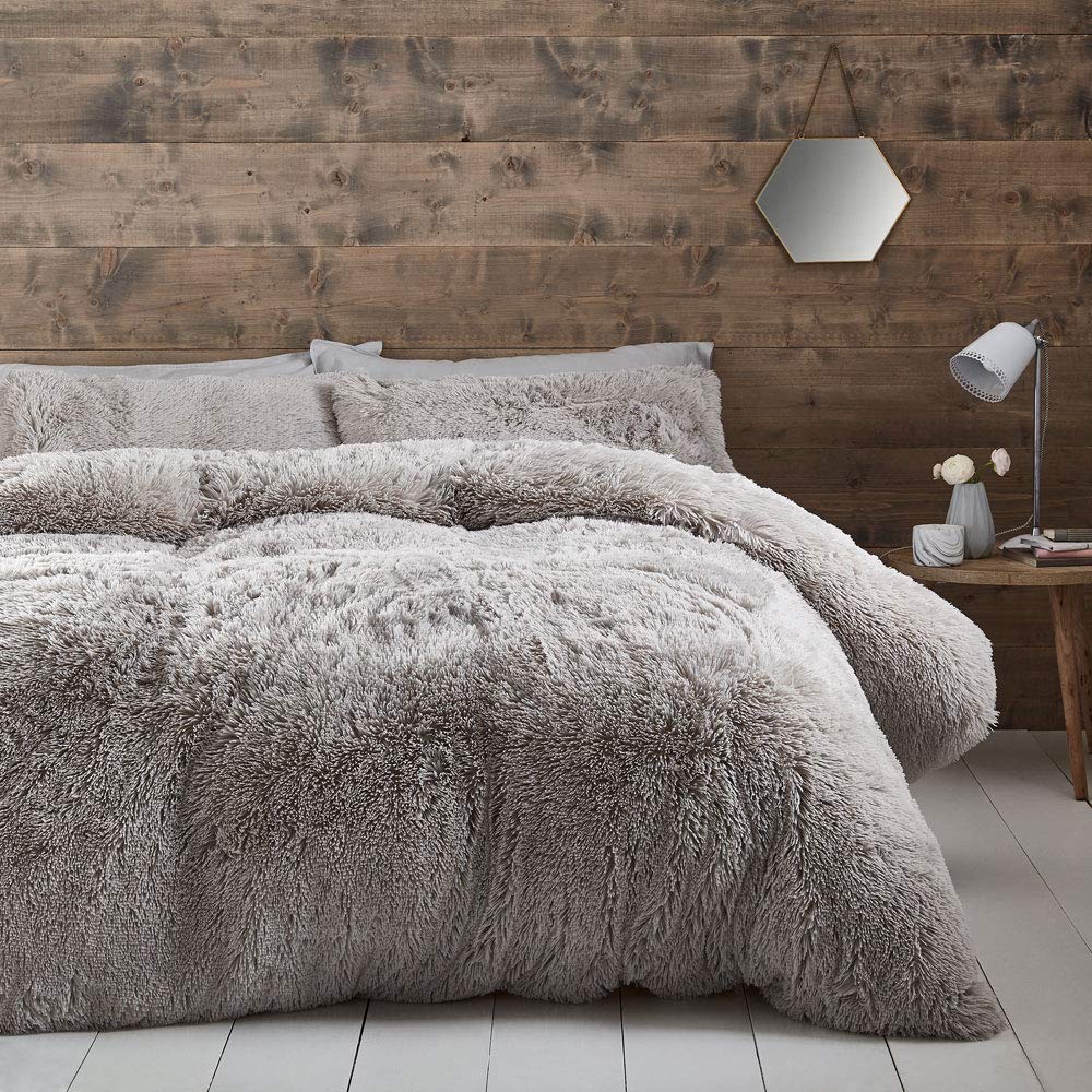 Cuddly Catherine Lansfield Deep Pile Faux Fur Double Duvet Cover Set with Pillowcases Silver Grey