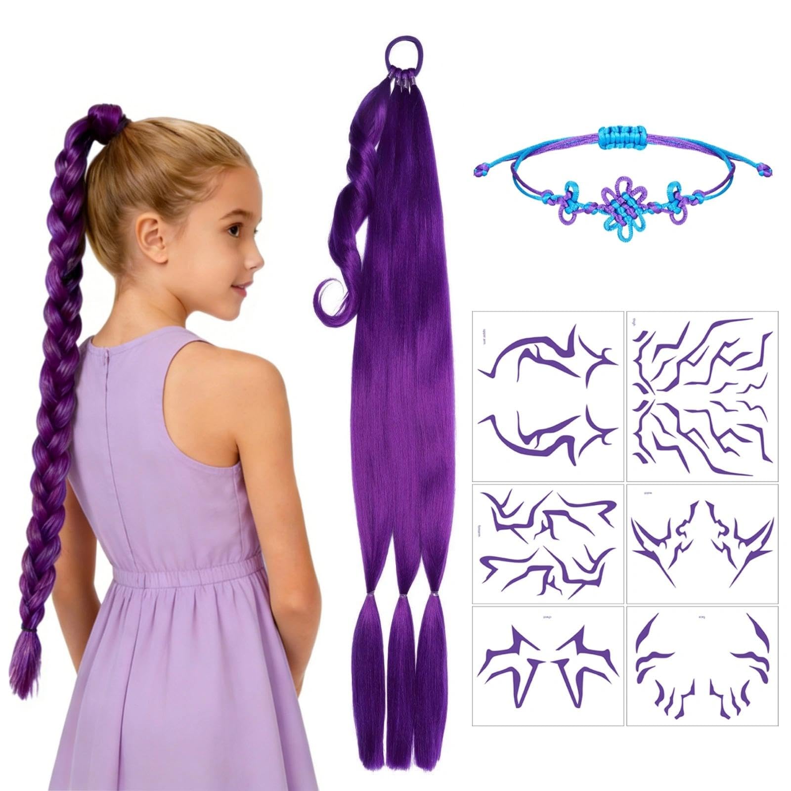 DAVBNM Kpop Costume Cosplay Wig, Fashionable Purple Braiding Hair, Costume Wig, Temporary Tattoos & Friendship Bracelet, Ideal for Halloween Party, Carnival, Birthday & Animes Conventions