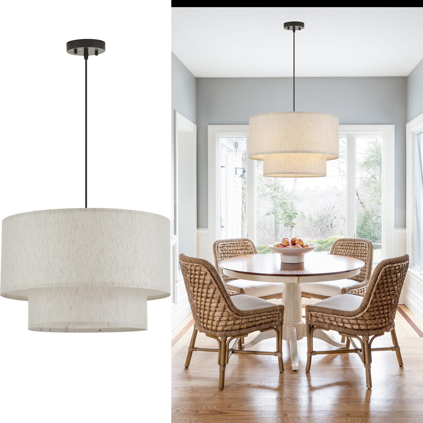 Photo 1 of VILUXY Drum Fabric Pendant Light Farmhouse White Chandelier Double Drum Shade Hanging Ceiling Light Fixture 3 Lights Linen for Bedroom Dining Room Living Room Entryway
