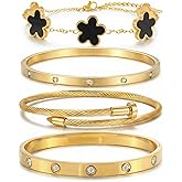 ISELBDR 18K Gold Bracelets for Women - Stackable Clover & Nail Love Bangle Set - Non-Tarnish Jewelry Gift for Birthday Valentine's, Mother's Day & Christmas