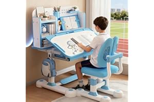 JENPECH Kids Desk and Chair Set, Height Adjustable Kids Desk with Cartoon Pattern, Widened Tabletop, Tiltable Reading Stand, Back Support & Spine Protect, Prevent Myopia, for Boys & Girls (Blue1)