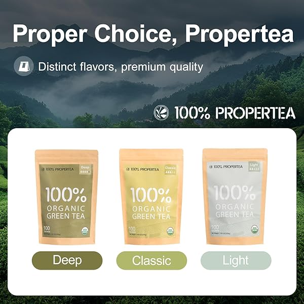 100% PROPERTEA ORGANIC GREEN TEA BAGS, 100 COUNT ECO-FRIENDLY TEA BAGS, LIGHT TASTE, CAFFEINATED, RICH IN ANTIOXIDANTS, RESEALABLE POUCH