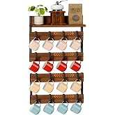 Dhmkfly 2-in-1 Coffee Cup Holder Wall Mounted with 16 Adjustable Hooks | 4-Tier Coffee Mug Holder Wall Mount with Display Shelf, Wooden Mug Rack Hanger for Home Kitchen Display and Collection