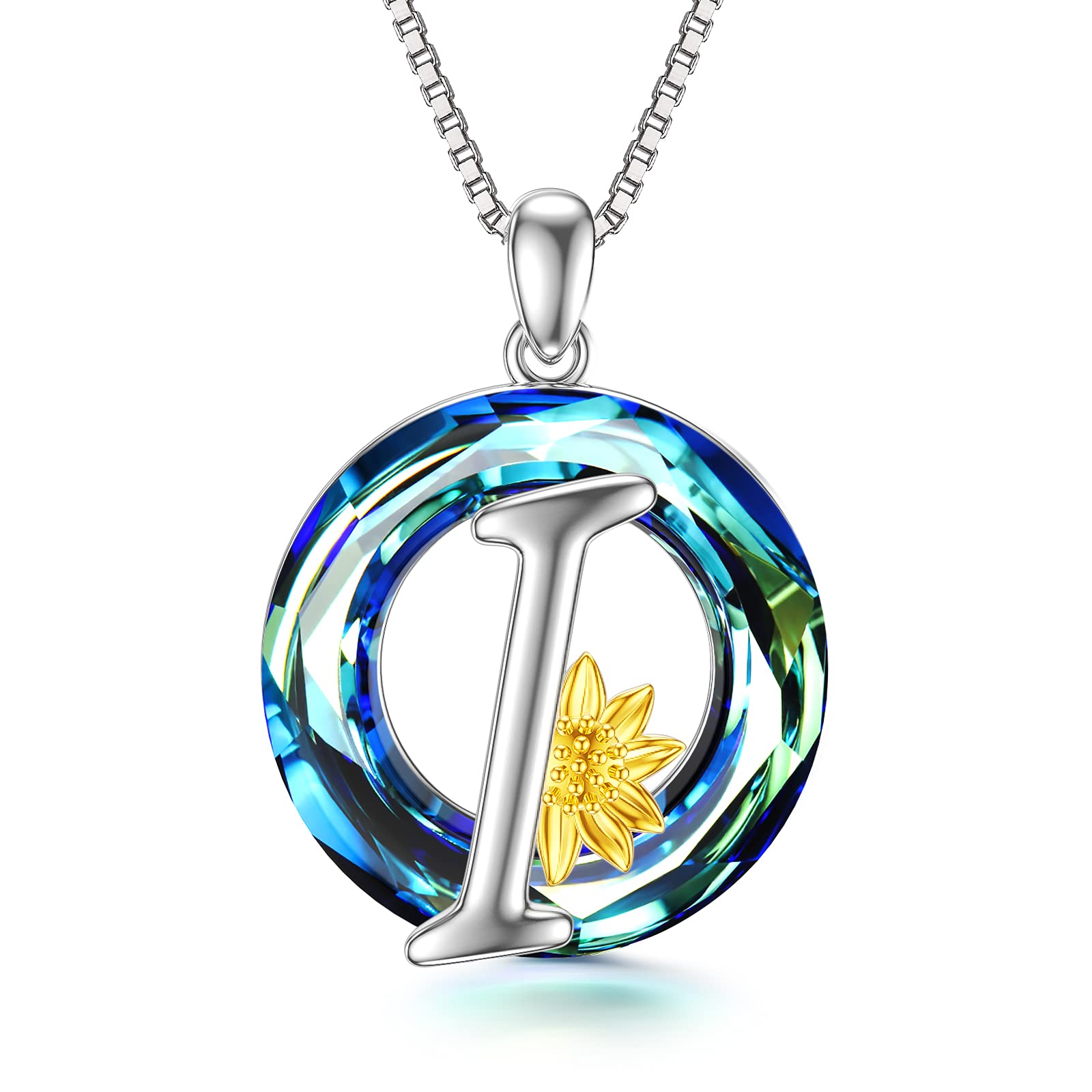 Midir&Etain Sunflower Initial Necklace 925 Sterling Silver Letter I Pendant Name Necklace Crystal Alphabet Personalised Jewellery Gifts for Women Girls