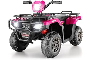 Hikole Kids ATV, 12V Four Wheeler for Kids, Battery Powered Electric Quad Car Toy with LED Lights, Music, High/Low Speed, Soft Start, USB, Treaded Tires, Rose Red