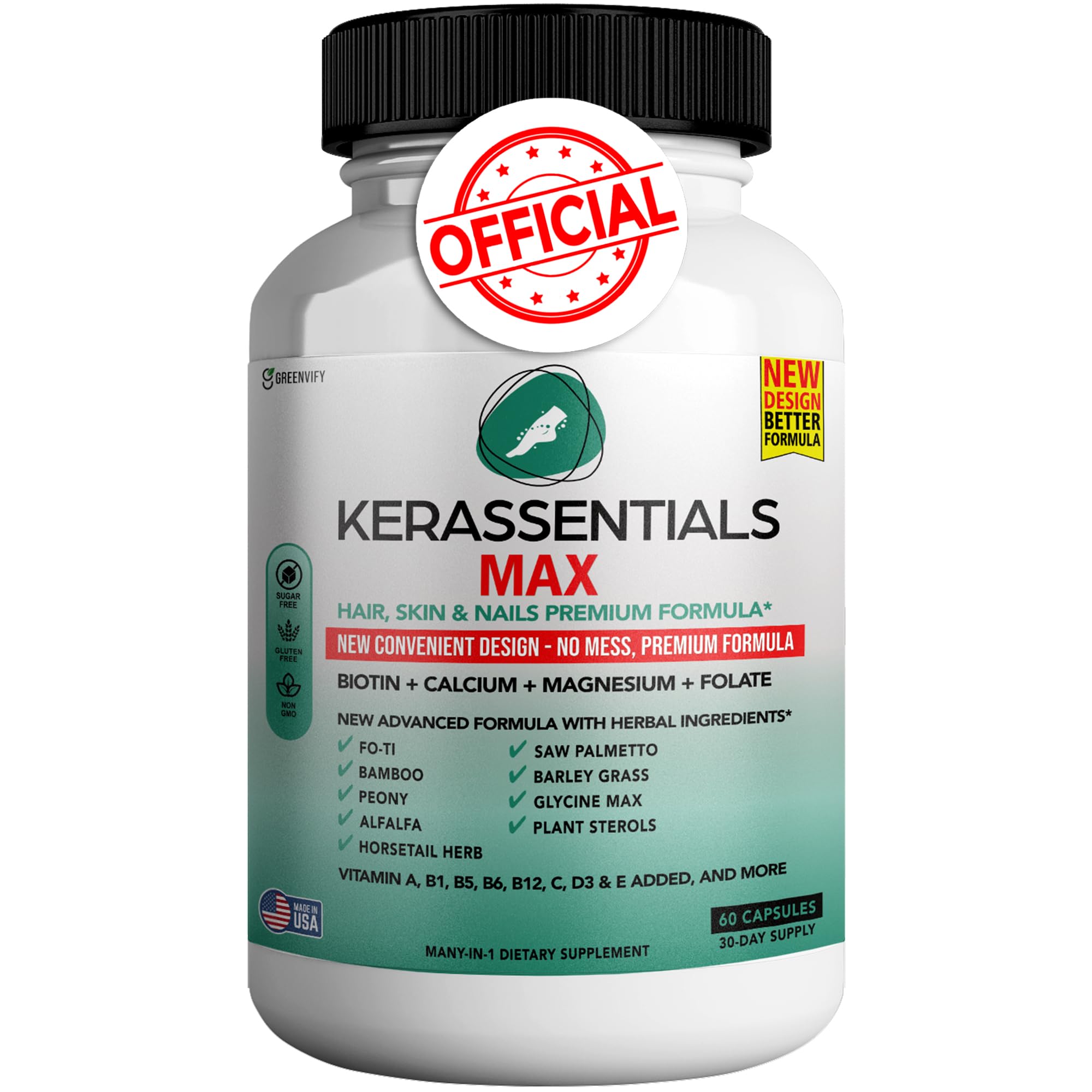 GREENVIFY Kerassentials Max - Hair, Skin & Nails Support Supplement | Biotin, Calcium, Magnesium, Folate & Herbal Blend | Premium Formula | 60 Capsules, Vegan & Gluten-Free