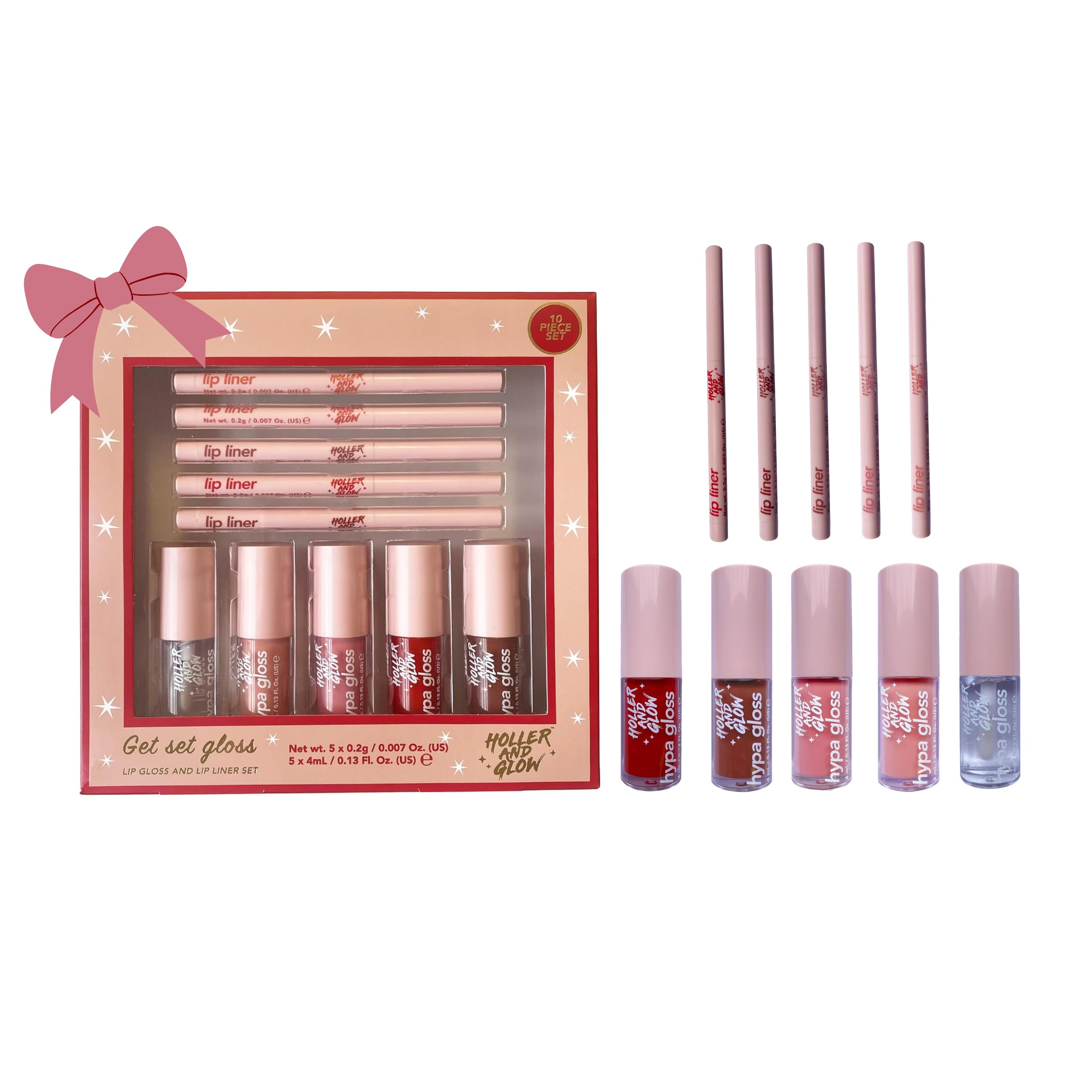 Holler And Glow Get Set Gloss Lip Liner and Lip Gloss Gift Set, Limited Edition, Nude, Pink, Berry Shades, Shiny, Plumping, High Shine, Long Wearing Lip Stain & Tint, For Women & Teens, 10 Piece Set