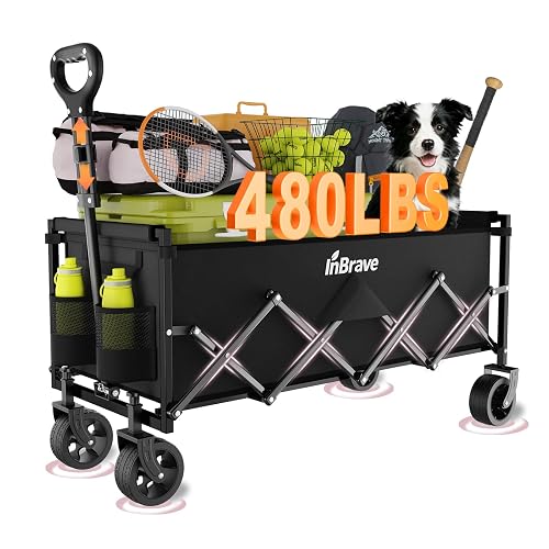 Extra Long Folding Wagon with Big All-Terrain Wheels, 480LBS Load Capacity Foldable Wagon, Portable Lightweight Utility Wagon for Camping, Grocery, Beach, Garden (Black)