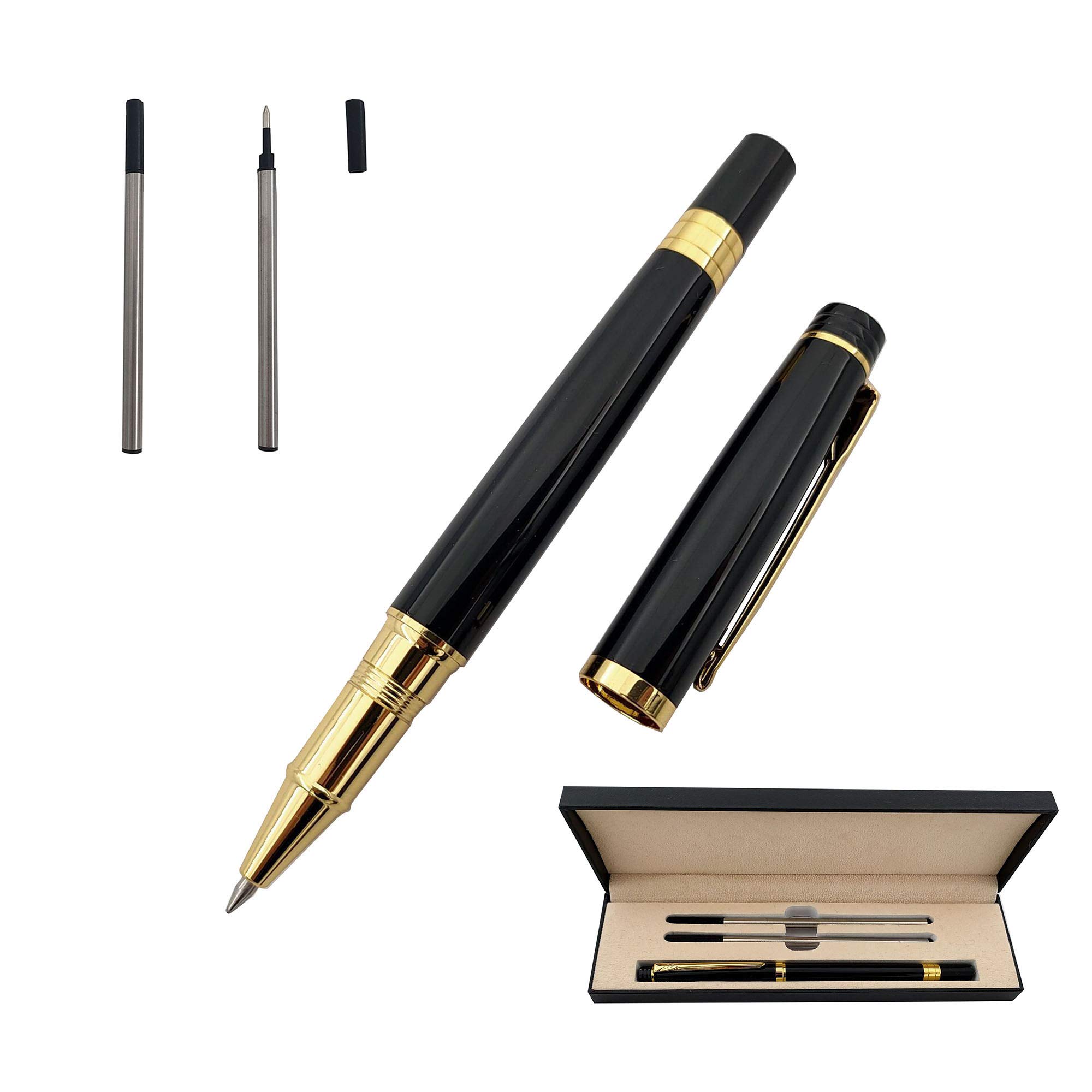 Accod Comfortable Grip Metal Rollerball Business Signature Pen with Fluent Writing, Two 0.5mm Black Refills, Premium Gift Box (Black)